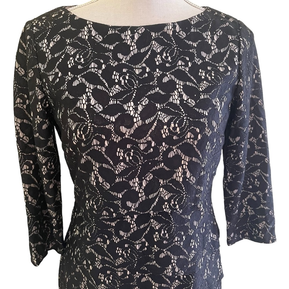 Tahari ASL Black Floral Lace with Cream Lining Tiered "Tracey" Sheath Dress - Picture 3 of 12